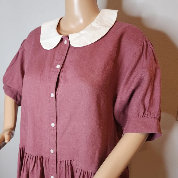 Eva Linen Peterpan Collar Puff Sleeve Button Front Mauve Mini Dress. Free Size - Picture 2 of 16